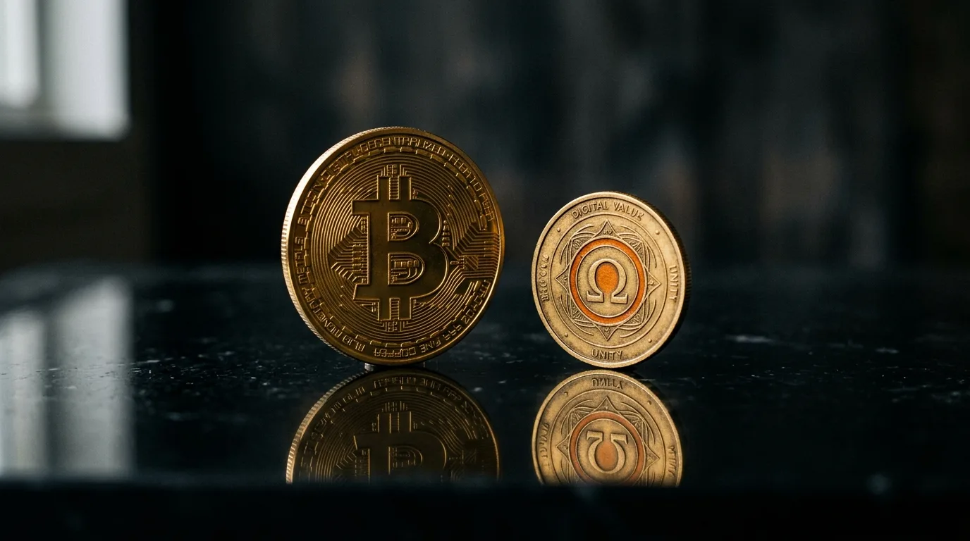 Två guldmynt pekar åt motsatt håll på reflekterande yta