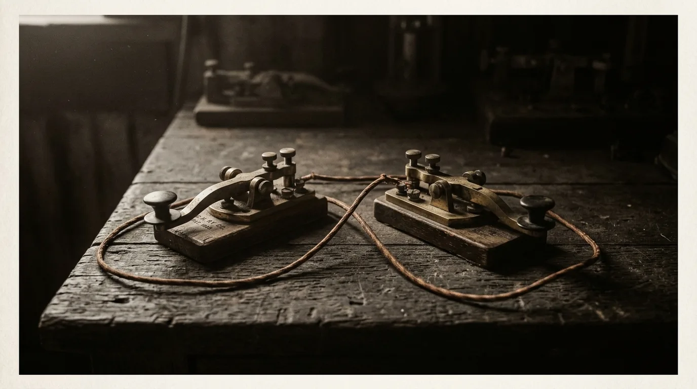 Två antika mässings-telegrafnycklar på väderbiten träbänk