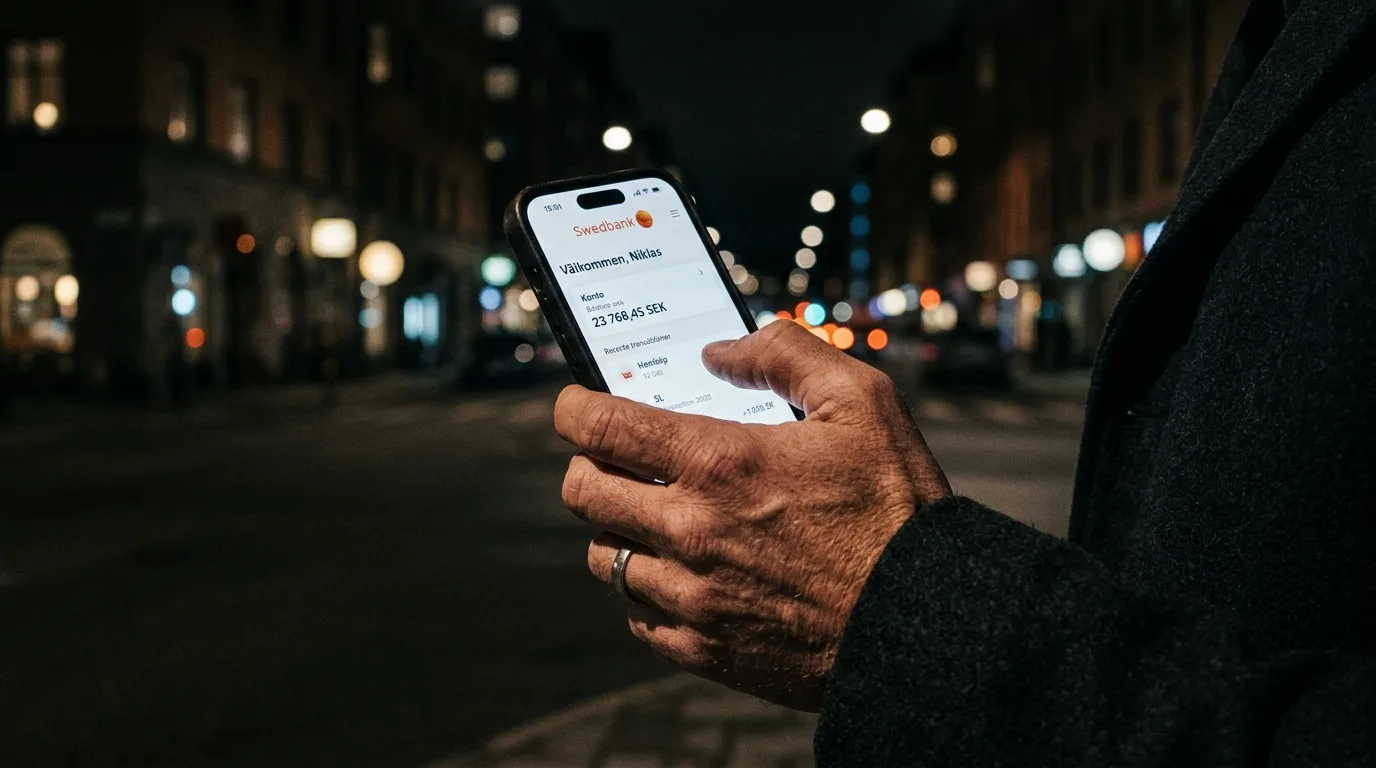 Hand håller smartphone med bankapp mot mörk stadsmiljö