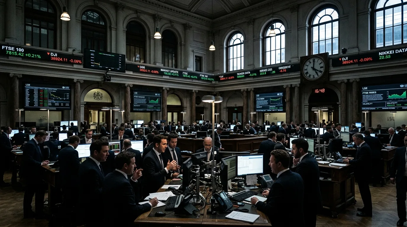 Handelsgolv med flera digitala skärmar som visar finansdata