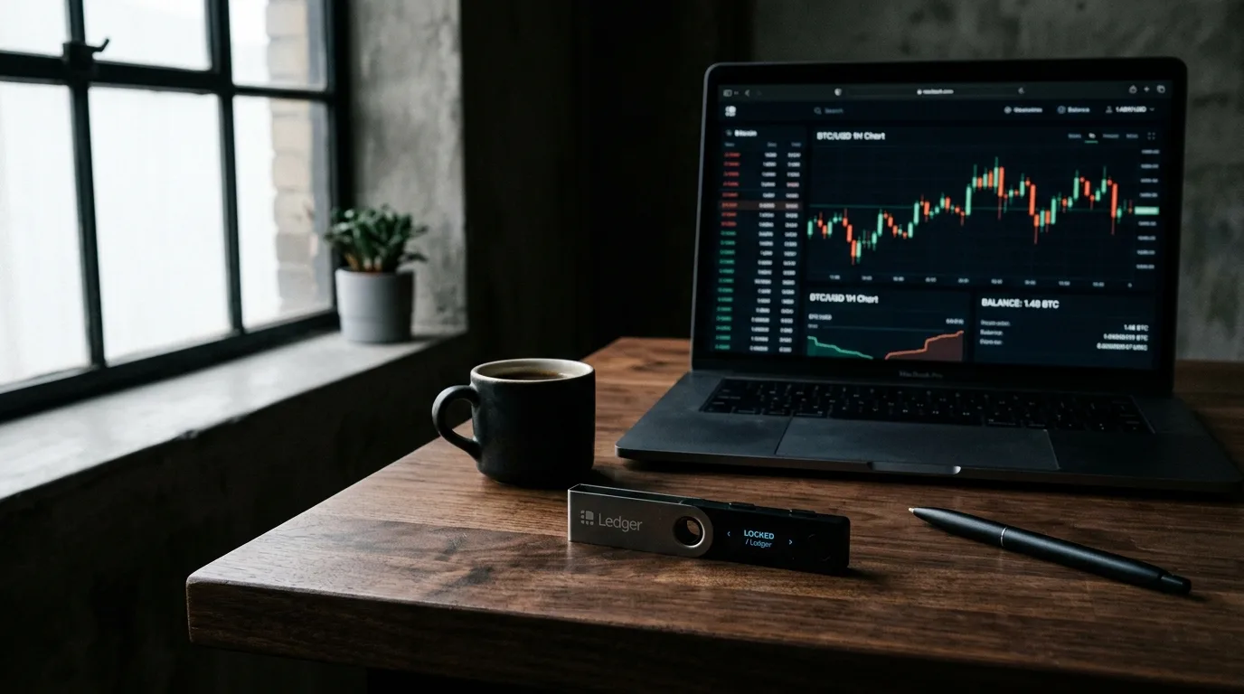 Hårdvaruplånbok på mörkt träbord med krypto-chart i bakgrunden