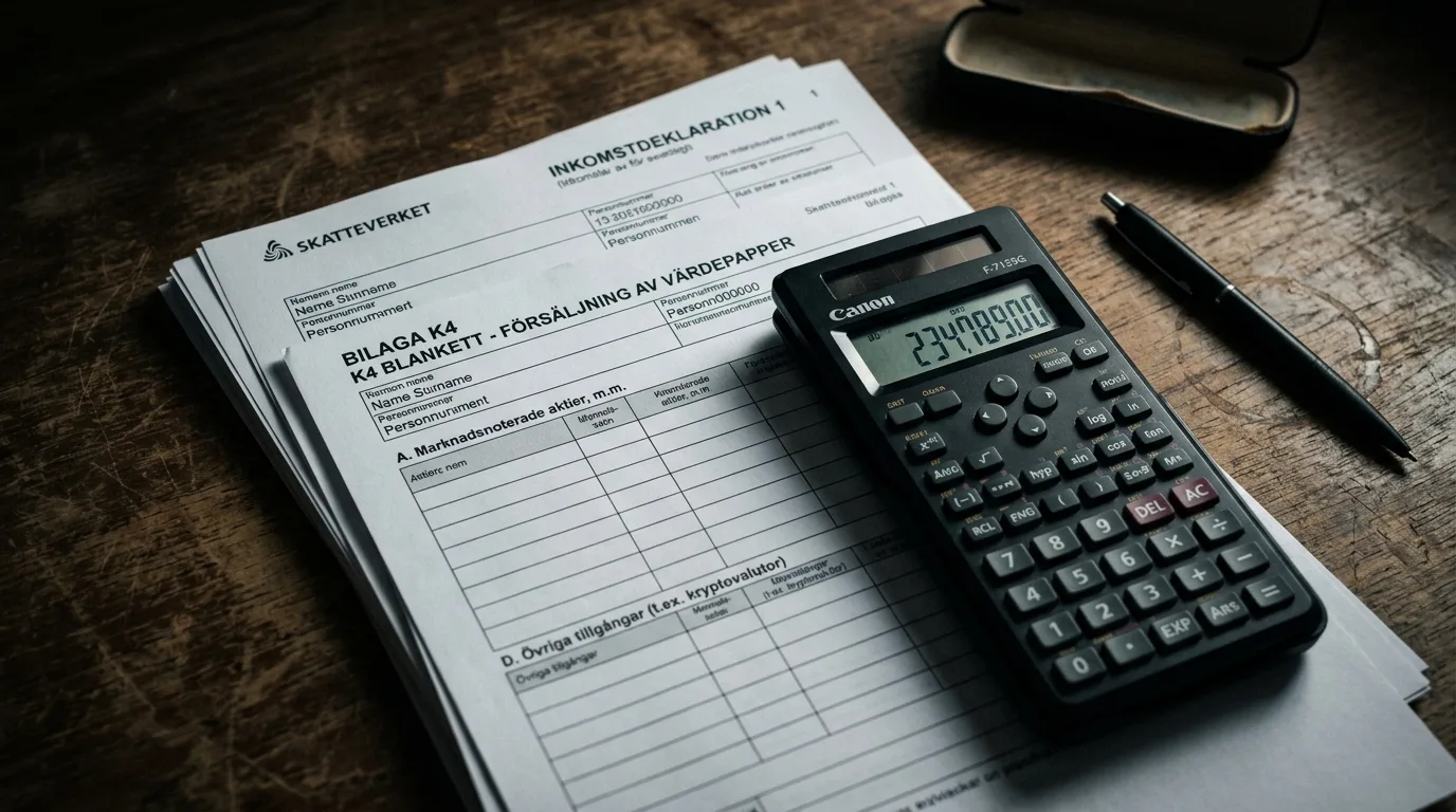 Svenska skatteblanketter och miniräknare på träbord
